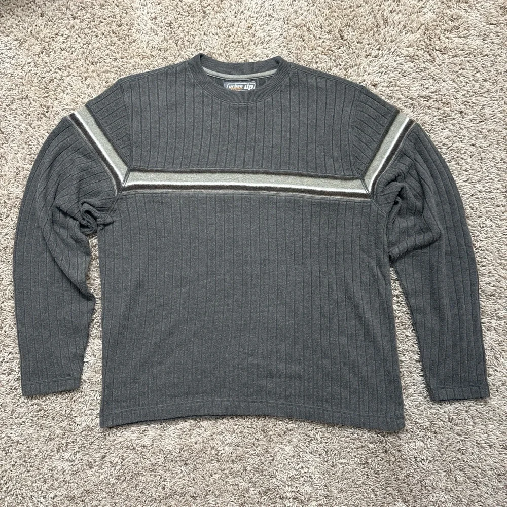 Y2K 2000s Urban Up Pipeline skater green w/ stripe crewneck sweater, size large